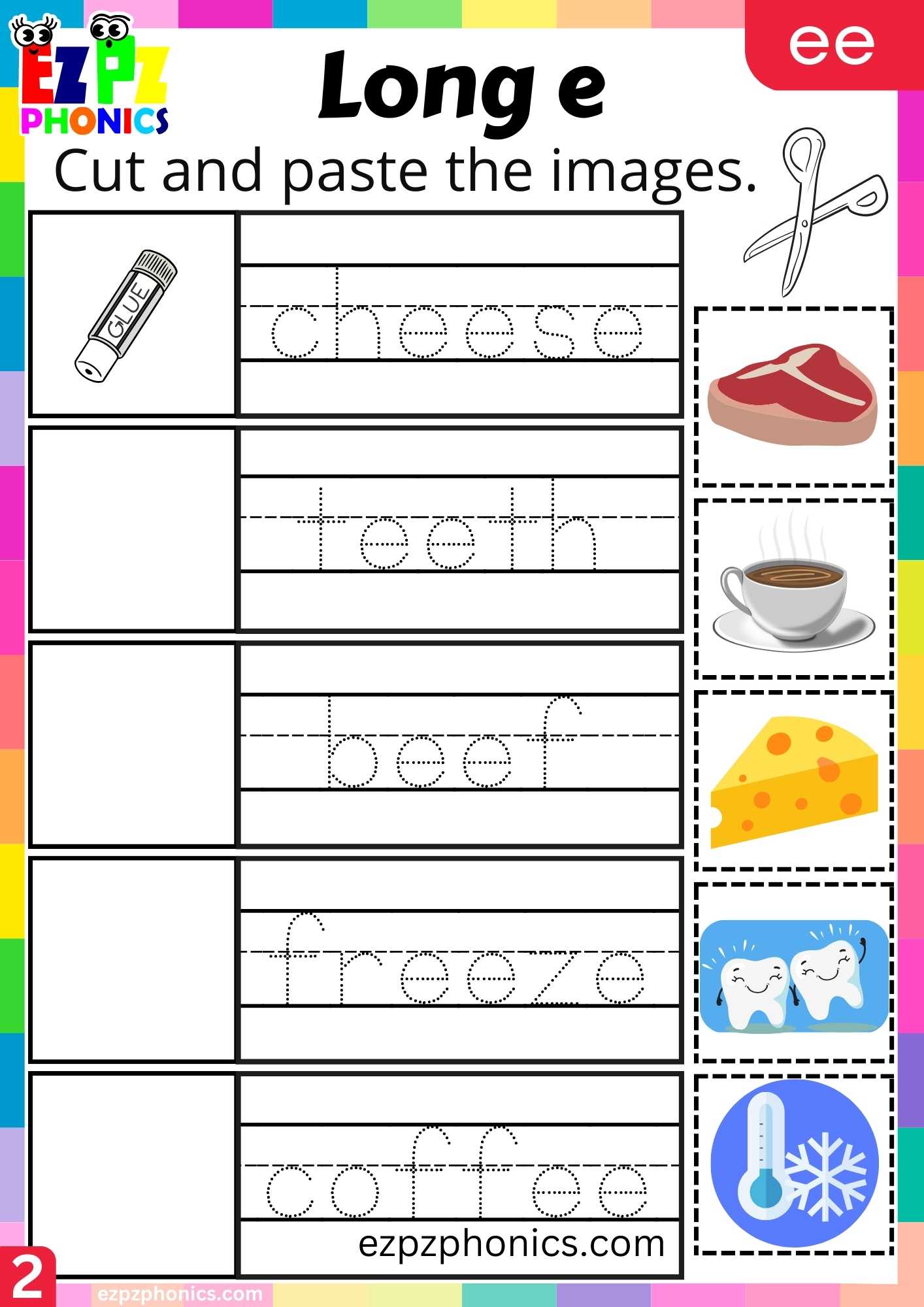 Group2 EE Words Cut And Paste The Images Long E Phonics Worksheet